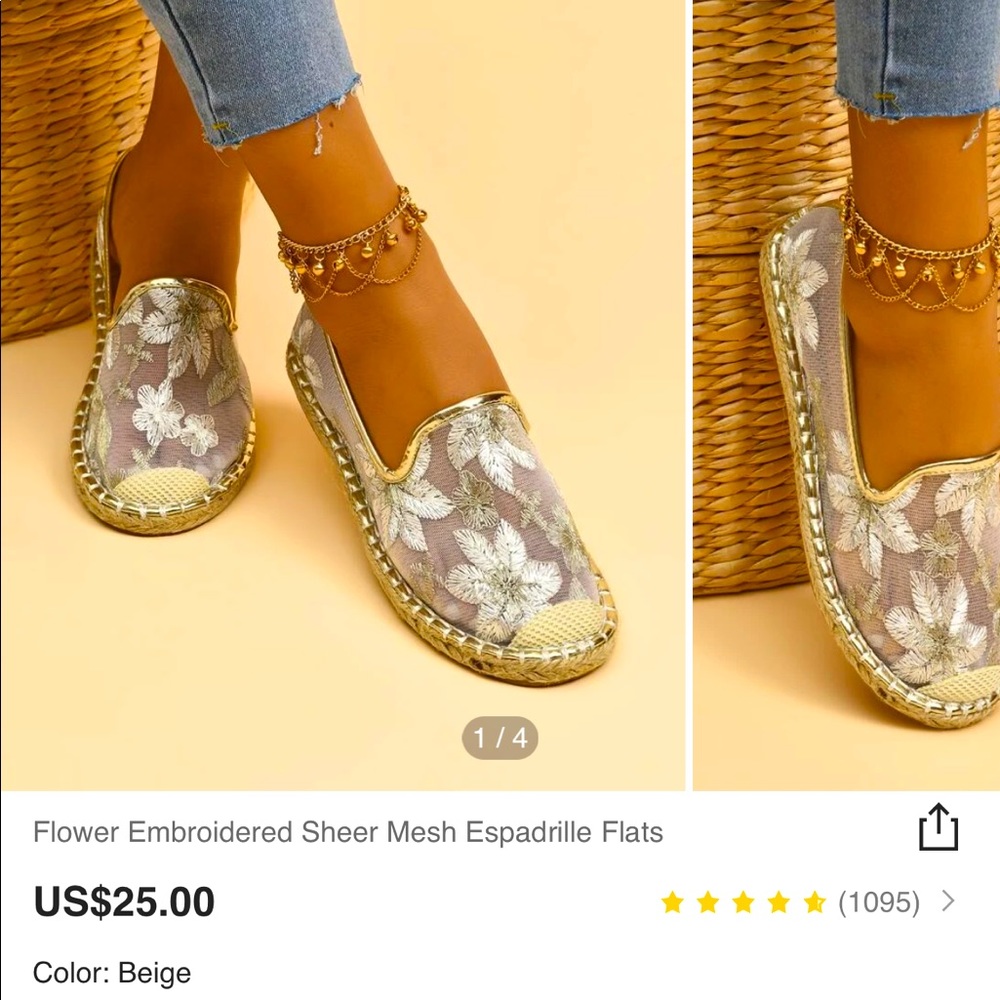 Shein, Flower Embroided Sheer Mesh Espadrilles, Size 39/8